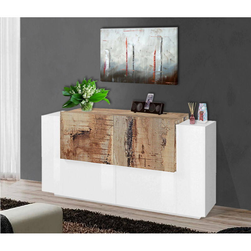Buffet moderne avec 4 portes, Made in Italy, Buffet de cuisine, Buffet design de salon, 160x45h86 cm, Couleur blanc brillant et Érable, avec