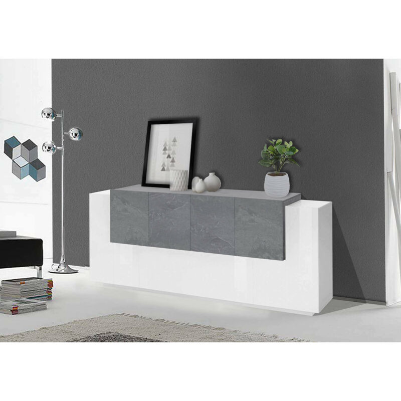 Dmora - Buffet moderne 7 portes, Made in Italy, Buffet de cuisine, Buffet design de salon, 200x45h86 cm, Blanc Brillant et Gris Ardoise