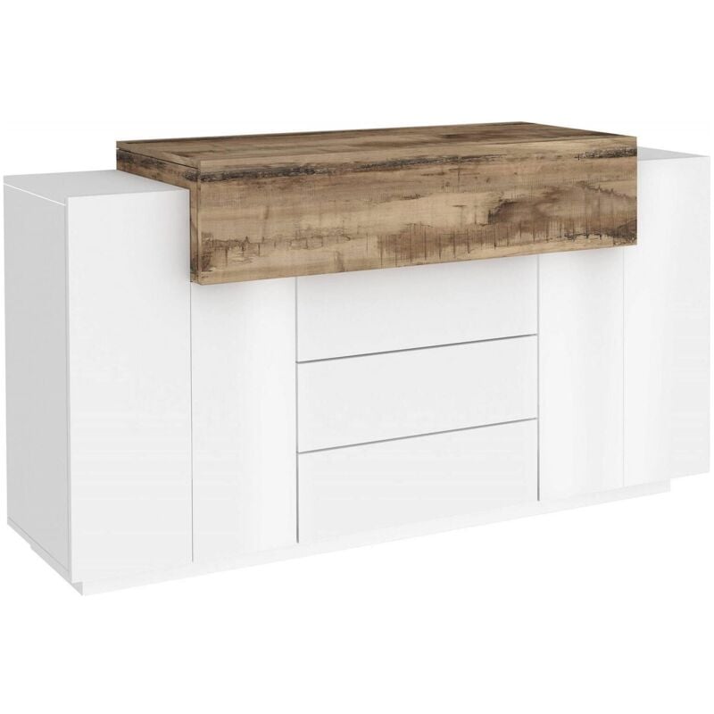 Buffet moderne, Buffet design avec 3 portes et 3 tiroirs, Made in Italy, Meuble tv, Buffet de salon, 160x45h86 cm, Couleur blanc brillant et Érable,