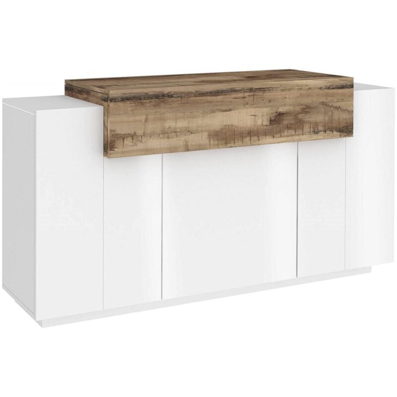 Buffet moderne, Buffet design avec 4 portes, Made in Italy, Meuble tv, Buffet de salon, 140x45h86 cm, Couleur blanc brillant et Érable - Dmora