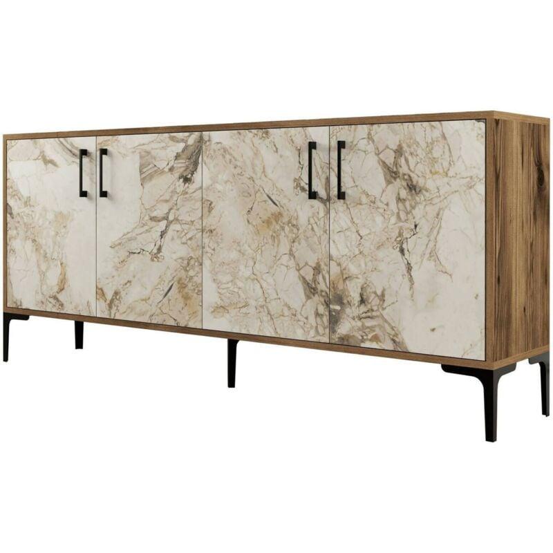 Buffet Orionis, Buffet du salon, Commode de salon, Garde-manger de cuisine, 180x35h78 cm, Noyer et Marbre Blanc, avec emballage renforcé - Dmora