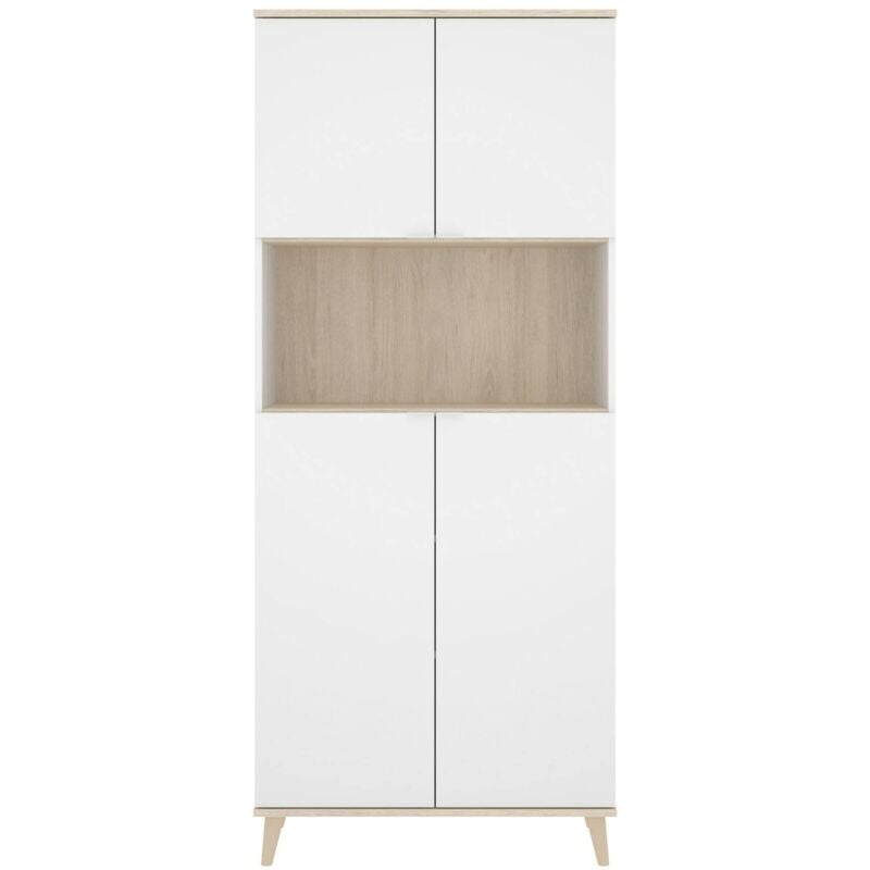Buffet Spino, Buffet de garde-manger de salon, Buffet de salon moderne avec 4 portes, 80x40h191 cm, Blanc et Chêne - Dmora