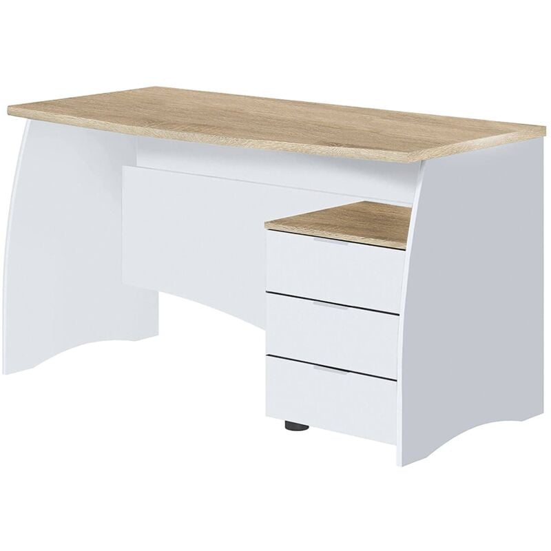 Dmora - Bureau Carrollton, Bureau, Table d'étude de support pc avec 3 tiroirs, cm 136x67h74, Blanc et Chêne
