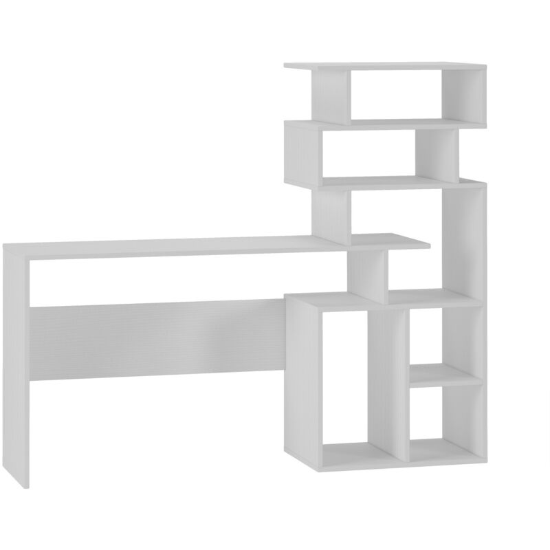 dmora bureau avec bibliotheque haute moderne, console etageres de rangement, table d'etude pour chambre, 160x40xh135 cm, couleur blanc