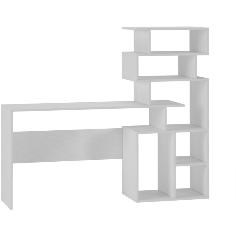 Dmora - Bureau avec bibliothèque haute moderne, Console avec étagères de rangement, Table d'étude pour chambre, 160x40xh135 cm, Couleur Blanc, avec