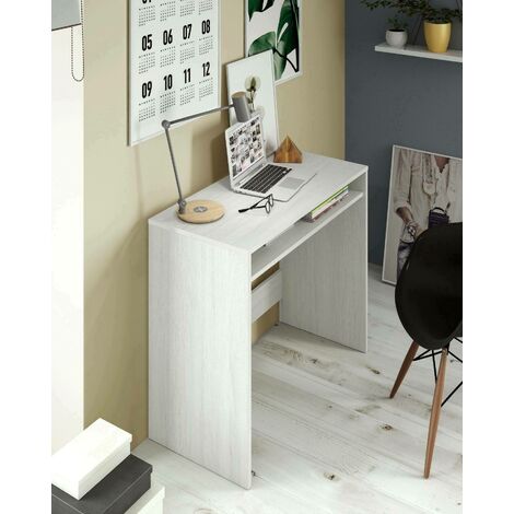 Dmora Bureau avec étagère fixe sous la table, couleur blanche avec effet bois poli, Dimensions 79 x 87 x 43 cm