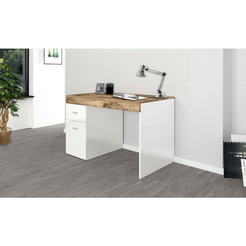 Dmora - Bureau avec tiroirs et plateau de rangement, Made in Italy, Table d'ordinateur, bureau pc, cm 100x60h75, couleur blanc brillant et érable,