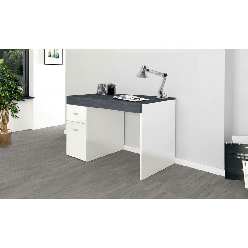 Dmora Bureau avec tiroirs et plateau de rangement, Made in Italy, Table Minimal, bureau PC, cm 100x60h75, couleur Blanc Brillant et Gris Frêne, avec