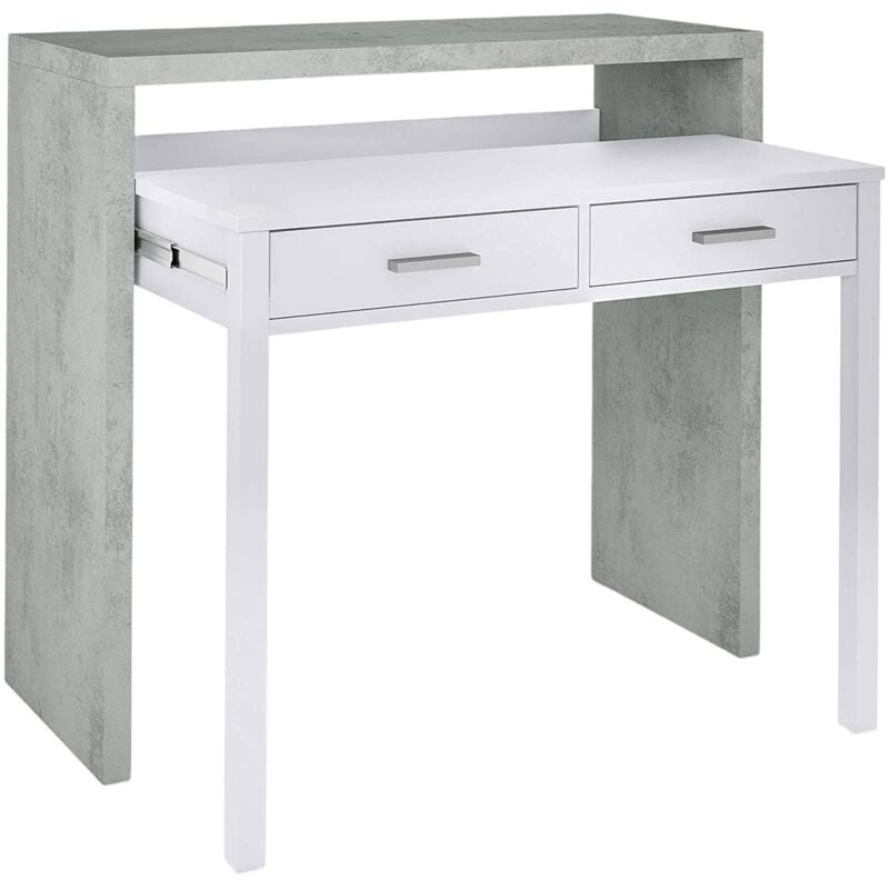 Dmora - Table console Billings, Bureau avec plateau extensible, Bureau pc avec 2 tiroirs, cm 99x36h88, Ciment et blanc