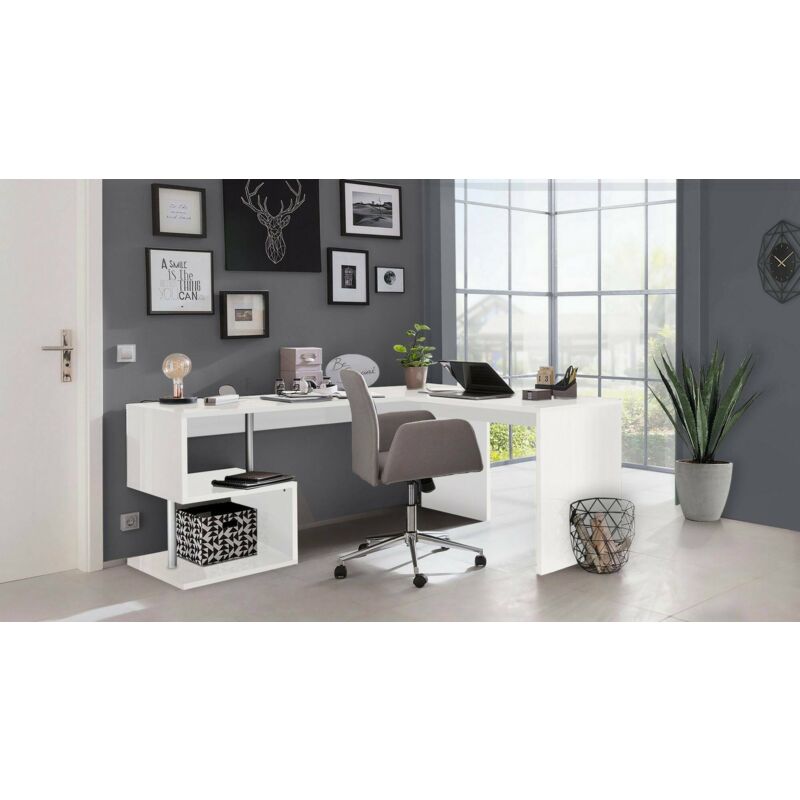 Dmora - Bureau d'angle avec étagère, Made in Italy, Table d'ordinateur, Bureau PC, cm 160x60h78, couleur Blanc brillant