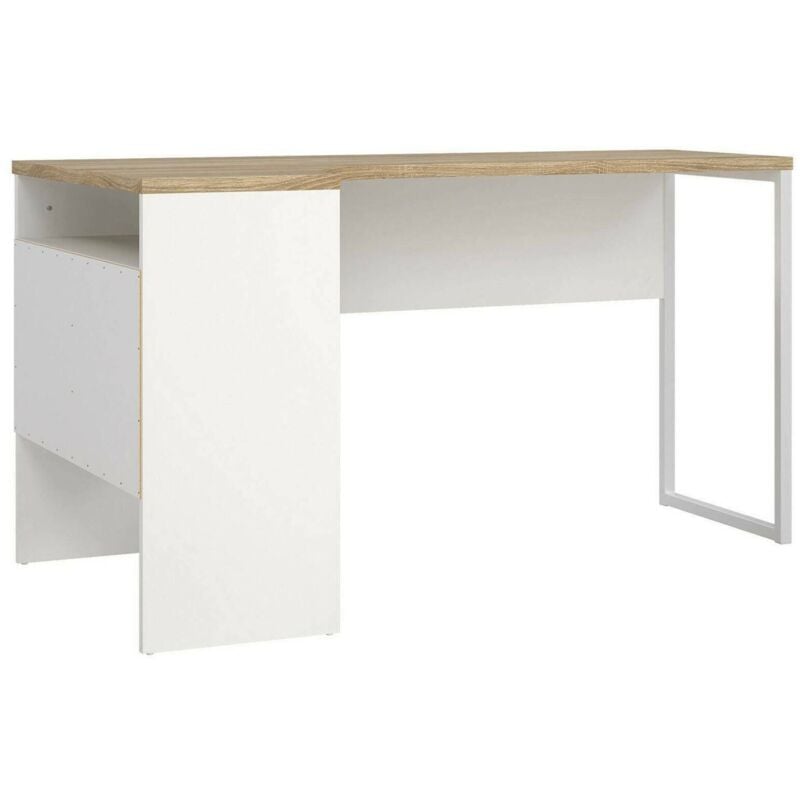 Dmora - Bureau d'angle à deux tiroirs, coloris chêne et blanc, 145 x 76 x 81 cm, avec emballage renforcé