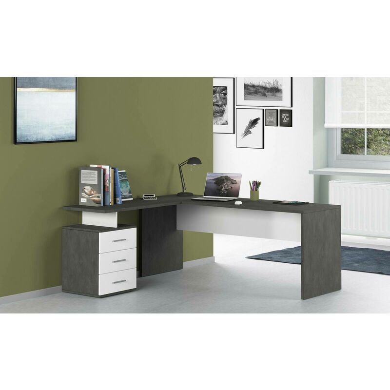 Dmora - Bureau d'angle, Made in Italy, Table d'ordinateur Minimal, Bureau pc, 160x60h75 cm, couleur Gris Frêne et Blanc Brillant, avec emballage