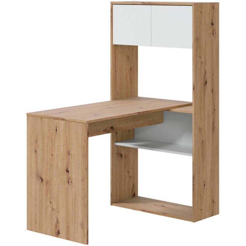 Dmora - Bureau Riverside, Bureau d'angle réversible avec bibliothèque, Table d'étude ou de bureau multiposition, cm 108x70h140, Nœuds blancs et