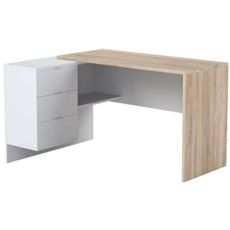 Dmora – Bureau d'angle réversible avec commode – Dimensions 145x108x73 cm – Panneau mélaminé résistant – Chêne et blanc moderne - 145x108h73
