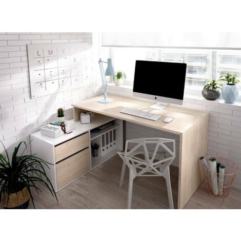 DMORA Ddiaw, Bureau multiposition pour bureau ou chambre, Table d'étude d'angle polyvalente, 139x92h75 cm, Blanc et Chêne