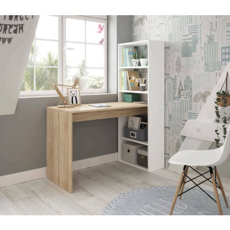 Dmora Bureau Denton, Bureau réversible avec bibliothèque 5 étagères, Table d'étude ou de bureau pour support de livre PC, cm 120x53h144, Blanc et Chêne