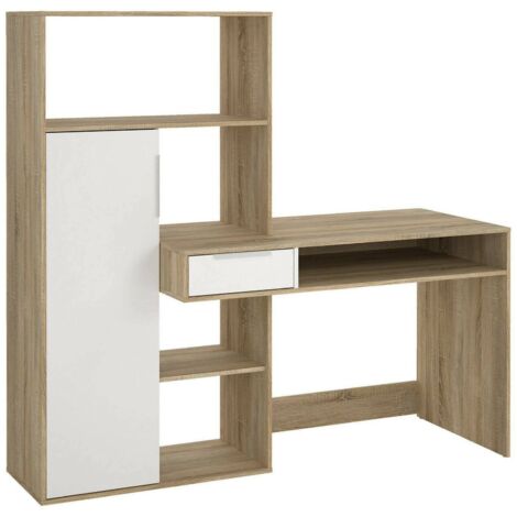 Dmora – Bureau droit multifonction avec bibliothèque et tiroir – Dimensions 162 x 155 x 60 cm – Structure en bois lamellé chêne et blanc