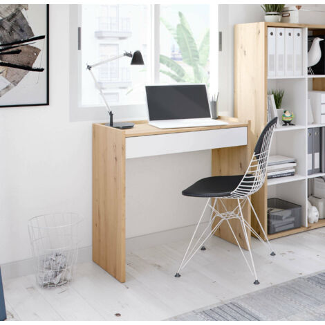Dmora Bureau Fresno, Bureau linéaire avec tiroir, Table d'étude ou de bureau pour PC, cm 82x40h77, Chêne noueux et Blanc, avec emballage renforcé