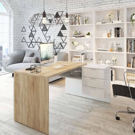 Dmora Bureau Greensboro, Bureau réversible avec commode, Bureau d'angle ou table PC de bureau, cm 145x108h73, Chêne et Blanc, avec emballage renforcé