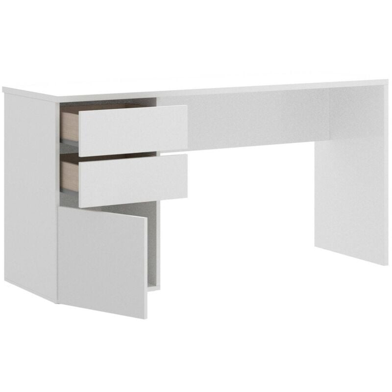 Dmora - Bureau Lagoni, Bureau polyvalent pour bureau ou chambre, Table d'étude linéaire avec 2 tiroirs et 1 porte, 139x60h75 cm, Blanc