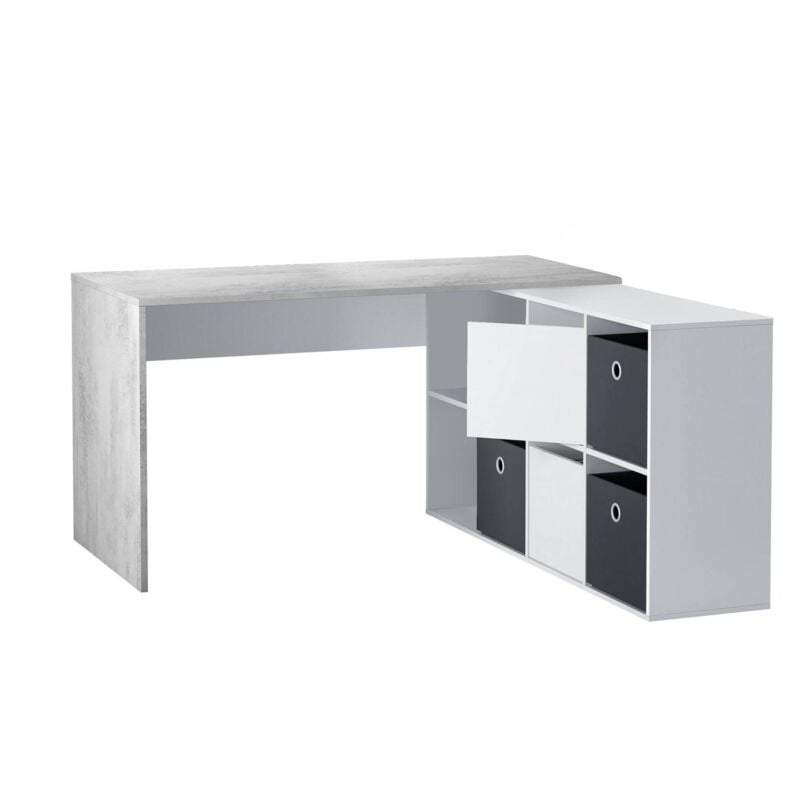Dmora - Bureau Vallejo, Bureau réversible multiposition, Table d'étude ou de bureau pour pc avec étagère, cm 136x139h74, Blanc et Ciment, avec