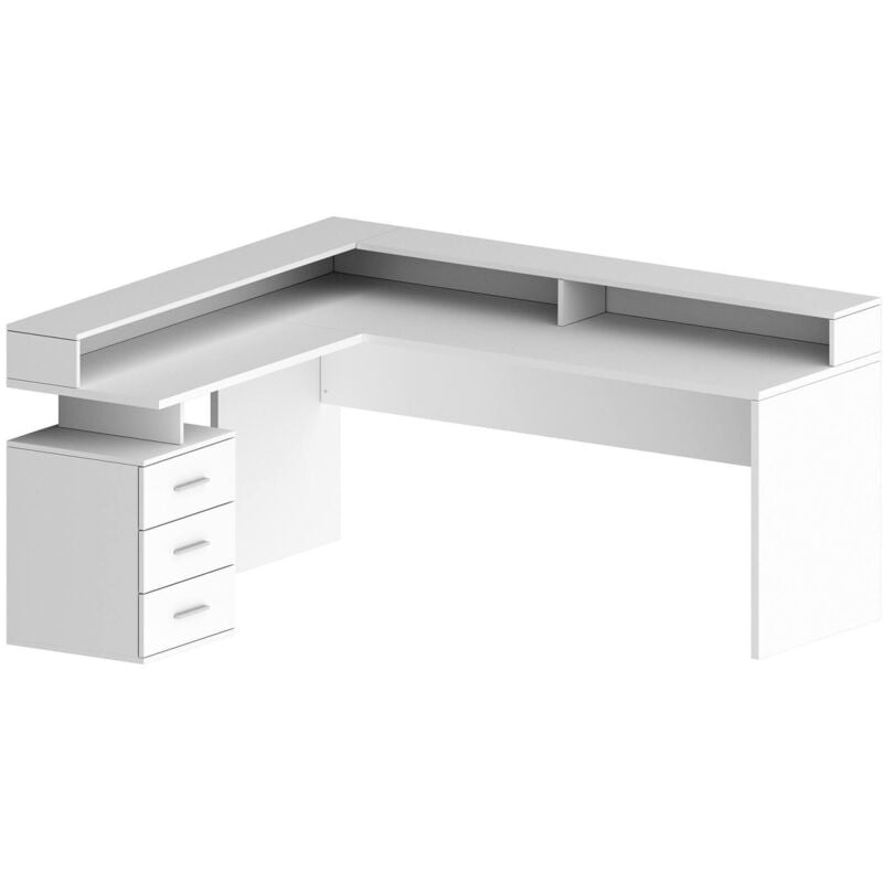 Dmora - Bureau Salomone, Bureau d'angle avec plateau, Bureau polyvalent, 180x90h160 cm, Blanc, avec emballage renforcé