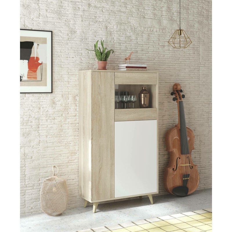 

Vitrina moderna con 3 puertas, Made in Italyy, Aparador alto con estantes, Mueble de entrada, 77x33h142 cm, Color roble y blanco - Dmora