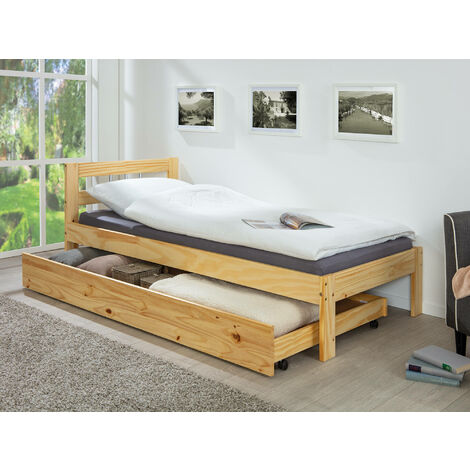 Dmora Cajón extraíble con ruedas para cama, en pino macizo de color natural, Medidas 199 x 94 x 22 cm, con embalaje reforzado