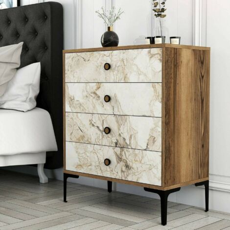 Dmora - Cajonera Aether, Cómoda multiusos, Cómoda de dormitorio, Gabinete con cajones, 76x40h91 cm, Nogal y Mármol Blanco, con embalaje reforzado