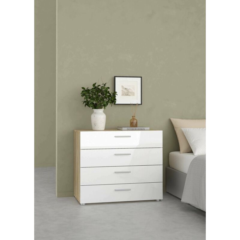 

Cajonera con cuatro cajones, roble y color blanco brillante, 70 x 75,7 x 40,25 cm - Dmora