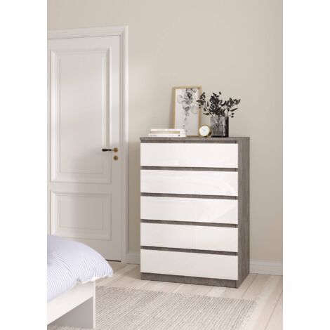Dmora - Cajonera Georgette, Cómoda multiusos, Cómoda de dormitorio, Gabinete con cajones, 77x50 h111 cm, Cemento y Blanco brillante