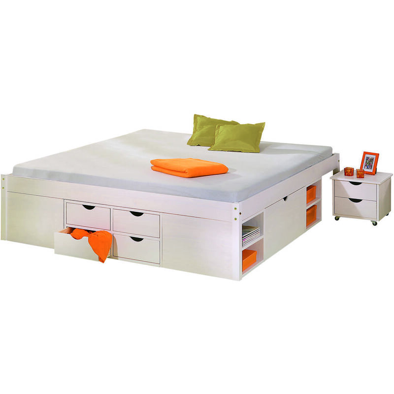 

Cama con compartimentos de almacenamiento y mesita de noche incluida con ruedas, color blanco, cama doble 186,5 x 47,5 x 209 cm - Dmora