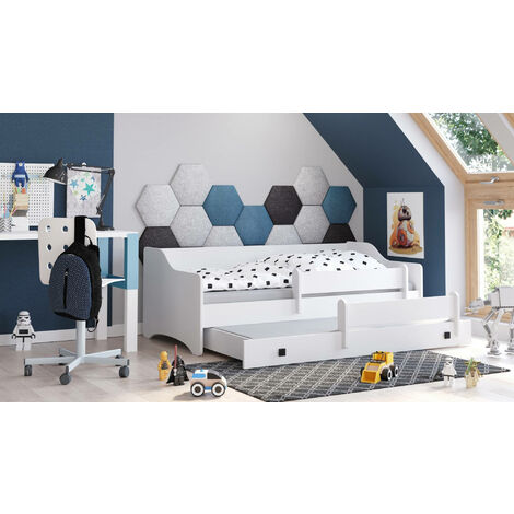 Dmora Cama individual para niños, Sofá cama con segunda cama nido, Cuna con protección anticaídas, cm 164x88h60, color Detalle blanco y negro, con embalaje reforzado
