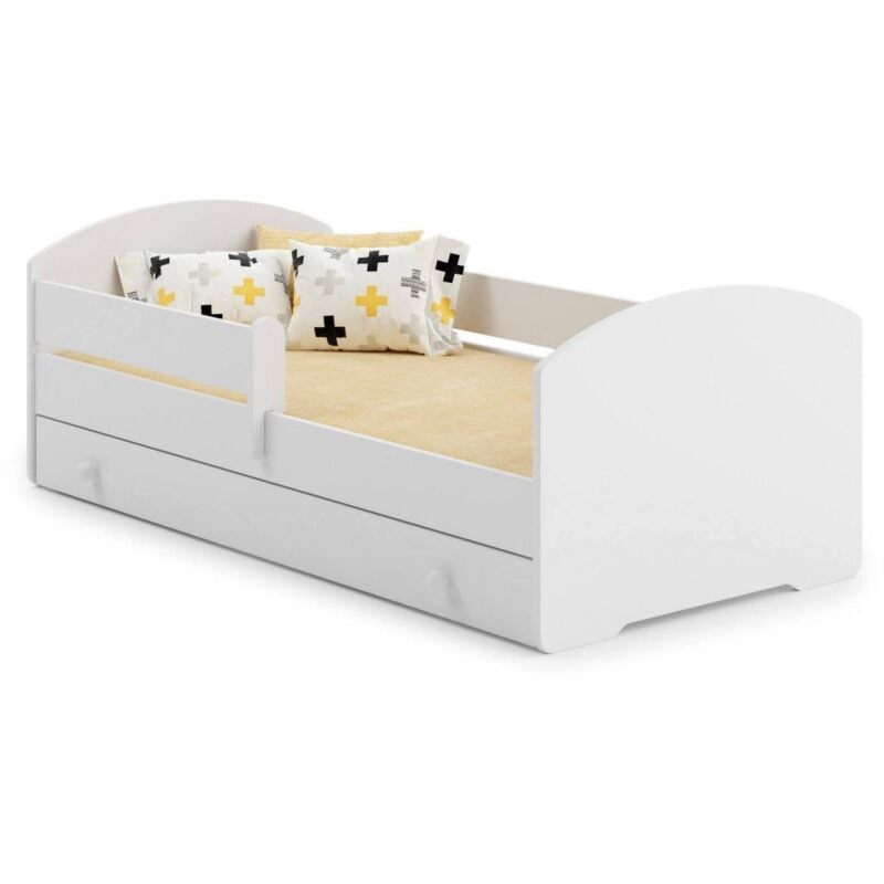 

Cama individual para niños, Cuna con cajonera y protección anticaídas, con cabecero redondo, cm 144x78h58, color Blanco - Dmora