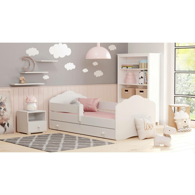 

Cama individual para niños, Cuna con cajonera y protección contra caídas y cabecero 'nube', cm 164x88h63, color blanco - Dmora