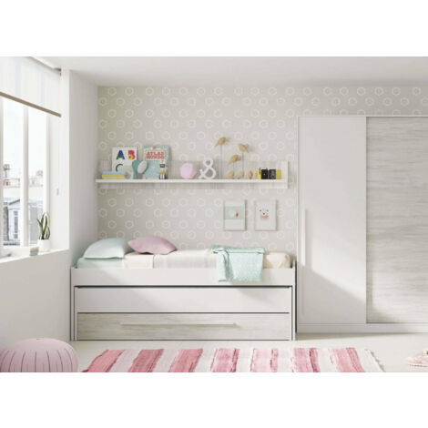 Cama individual Sunnyvale, Armazón de cama para dormitorio, Cama individual con cuna extraíble y cómoda y estantería a juego, 199x96h65 cm,