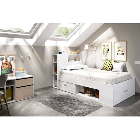 Dmora - Cama infantil Cristallo, Cuna para dormitorio con cabecero, Estructura para cama individual con cajón y baldas, 218x99h96 cm, Blanco