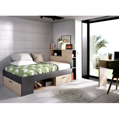 Dmora - Cama infantil Dbrazã, Cuna para dormitorio con cabecero, Estructura para cama individual con cajón y baldas, 218x99h96 cm, Roble y Antracita