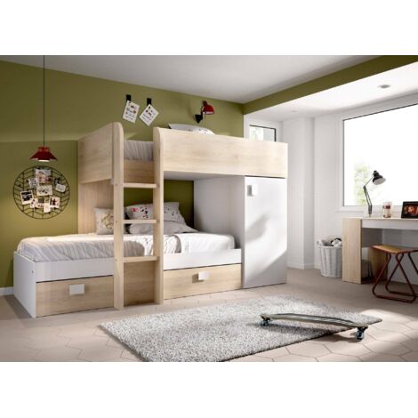 Dmora - Cama infantil Dguerci, Dormitorio completo con armario y cajoneras, Composición litera con dos camas individuales, 255x112h150 cm, Blanco y Roble