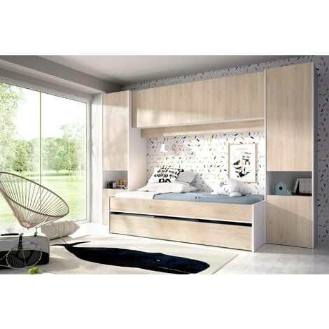 Dmora - Cama infantil Dmra, Dormitorio completo con armario puente y  cómoda, Composición con cama y cama nido individual, 303x97h203 cm, Roble y  Blanco