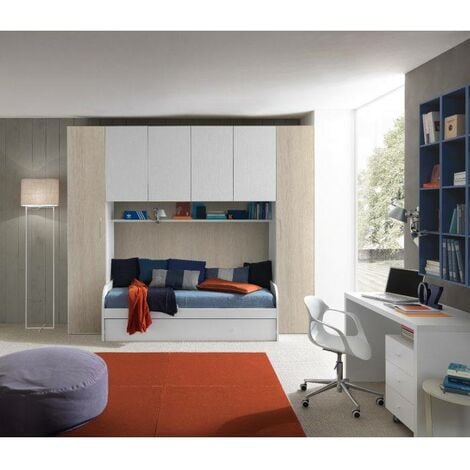 Dmora Cameretta completa di armadio a 6 ante e divano letto con secondo  letto estraibile, mensola abbinata, doghe incluse, Made in Italy, cm  293x90x247, colore Bianco e Olmo, con imballo rinforzato