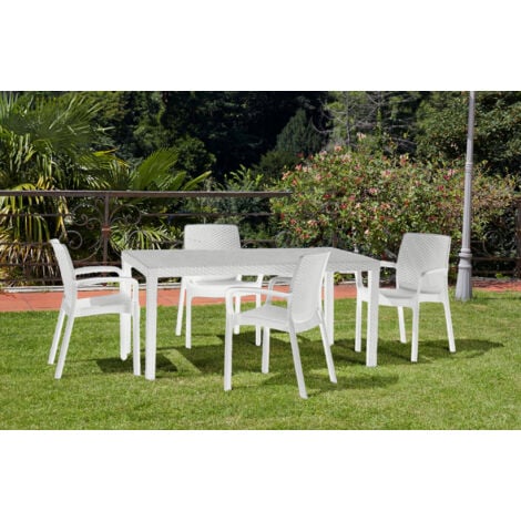 Dmora Chaise d’extérieur Viterbo, Chaise de jardin, Chaise pour table à manger, Fauteuil d'extérieur effet rotin, 100% Made in Italy, Ensemble de 4, Cm 54x60h82, Blanc, avec emballage renforcé