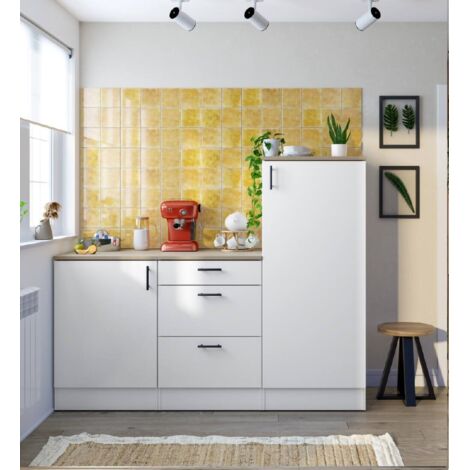 Dmora - Cocina completa Maleo, Composición cocina moderna, Set cocina modular, Solución cocina funcional, Blanco y Roble