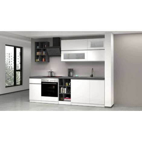 Dmora - Cocina completa Ronald, Cocina práctica y que ahorra espacio, Pared de cocina con 5 puertas y 1 cajón, 100% Made in Italy, 255x60h85 cm, Blanco brillo y pizarra, con embalaje reforzado