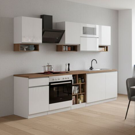 Dmora - Cocina completa Ronnie, Cocina práctica y que ahorra espacio, Pared de cocina con 8 puertas y 1 cajón, 100% Made in Italy, 255x60h85 cm, Blanco brillo y roble