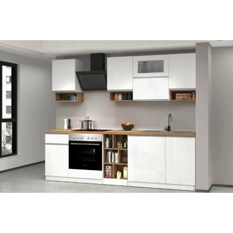 Dmora - Cocina completa Ronnie, Cocina práctica y que ahorra espacio, Pared de cocina con 8 puertas y 1 cajón, 100% Made in Italy, 255x60h85 cm, Blanco brillo y roble, con embalaje reforzado