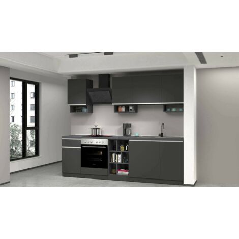 Dmora - Cocina completa Rudolf, Cocina práctica y que ahorra espacio, Pared de cocina con 7 puertas y 1 cajón, 100% Made in Italy, 255x60h85 cm, Antracita y Pizarra, con embalaje reforzado