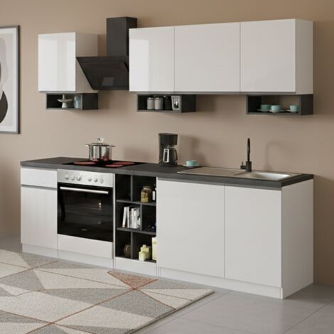 Dmora - Cocina completa Rudolf, Cocina práctica y que ahorra espacio, Pared de cocina con 7 puertas y 1 cajón, 100% Made in Italy, 255x60h85 cm, Blanco brillo y pizarra