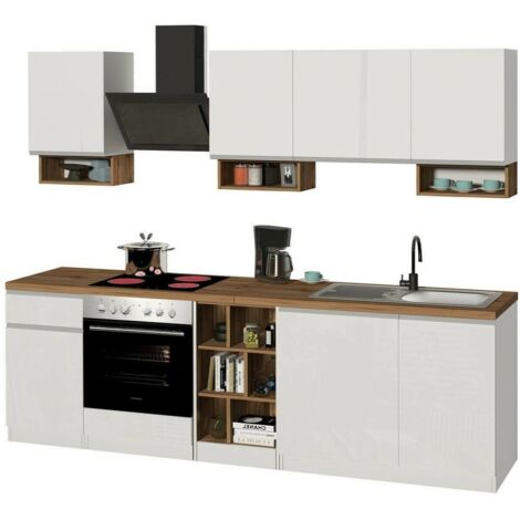 Dmora - Cocina completa Rudolf, Cocina práctica y que ahorra espacio, Pared de cocina con 7 puertas y 1 cajón, 100% Made in Italy, 255x60h85 cm, Blanco brillo y roble, con embalaje reforzado