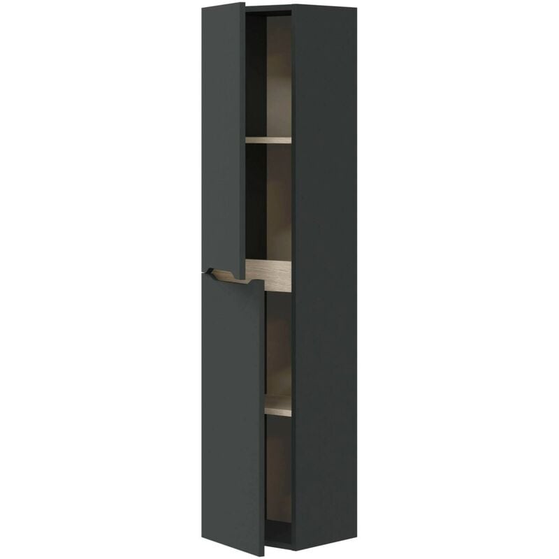 Colonne de salle de bain Dodde, Élément mural de salle de bain suspendu avec 2 portes, Armoire haute, 31x26h135 cm, Anthracite et Chêne - Dmora